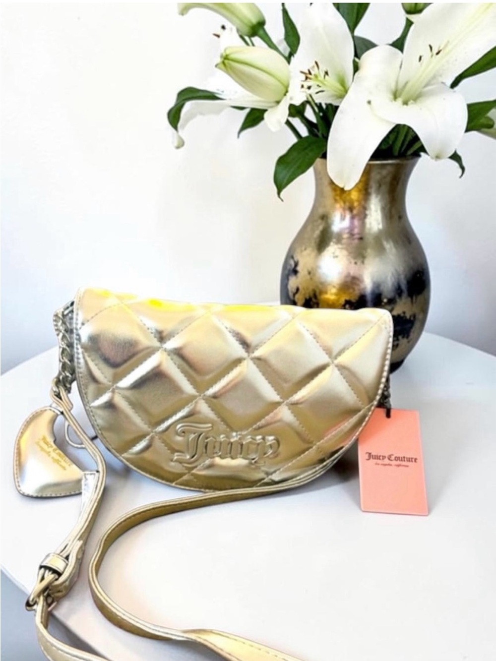 Juicy Couture Gold Quilted Silver Crossbody NWT "Pretty Game Strong" Bag